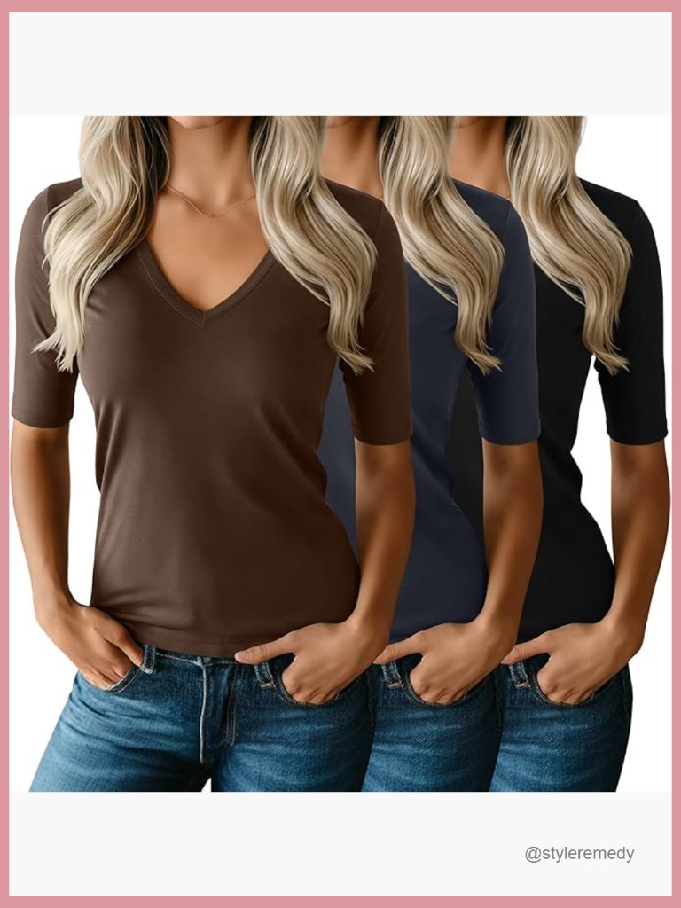 3 Pack Women's Half Sleeve V Neck Tunic Tees, Slim Fit Cotton Blend